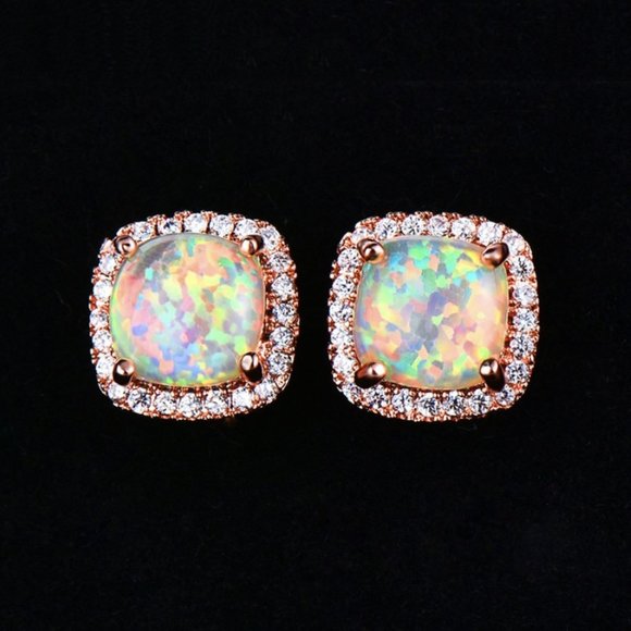 NEW 18K Rose Gold White Opal Diamond Halo Earrings - Picture 5 of 6